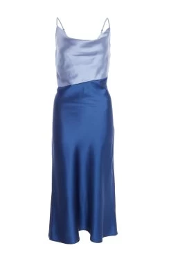 Blue Two Tone Satin Slip Midi Dress