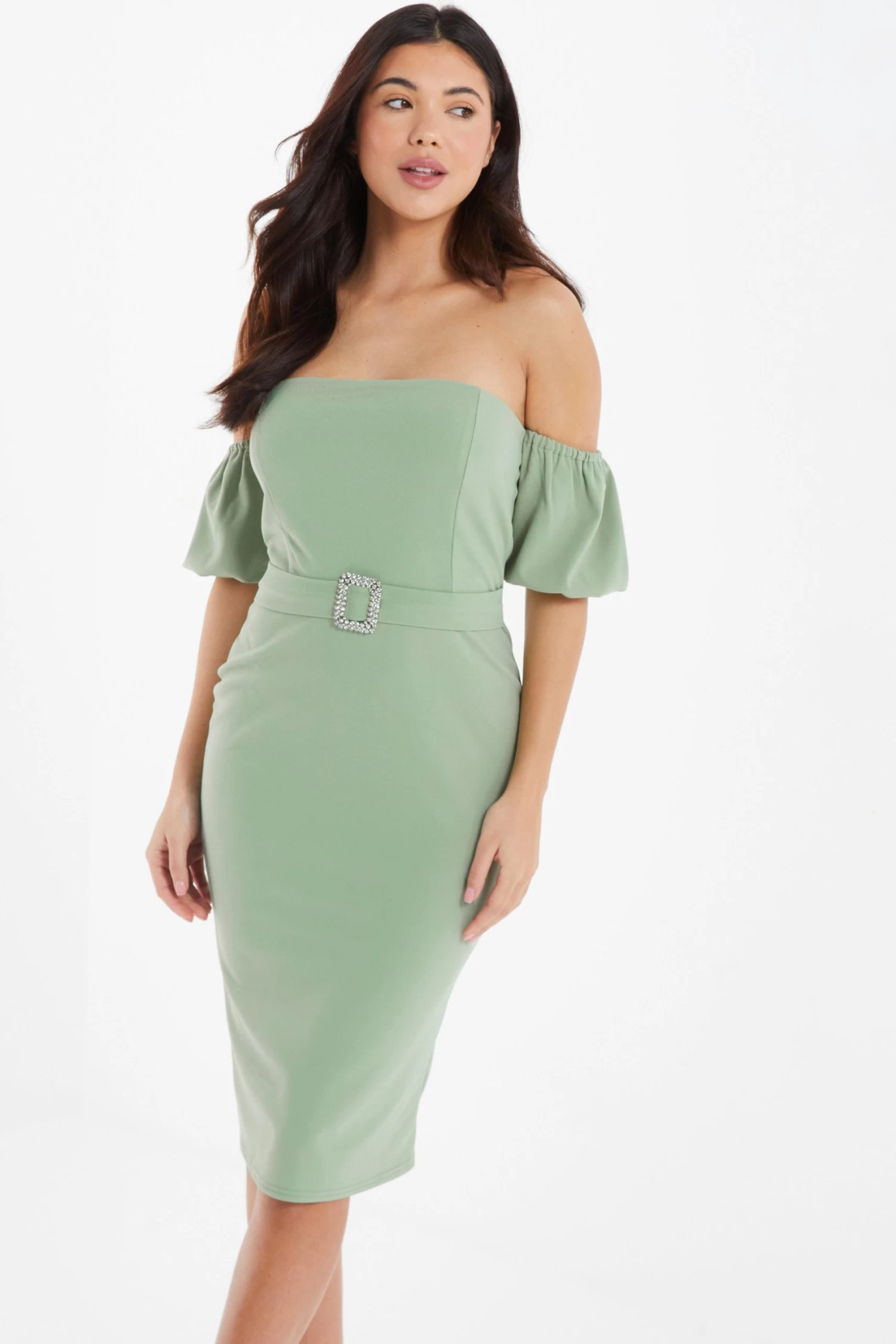 Sage Bardot Bodycon Midi Dress 2 Sage Bardot Bodycon Midi Dress - Image 2