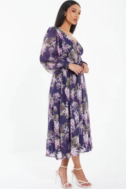 Navy Floral Chiffon Wrap Midi Dress -Women Clothing Sale 00100036950 XS scaled