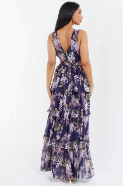 Navy Chiffon Floral Tiered Maxi Dress -Women Clothing Sale 00100036951 XB scaled
