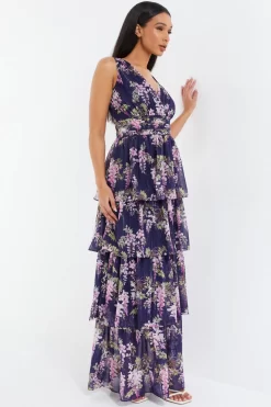 Navy Chiffon Floral Tiered Maxi Dress -Women Clothing Sale 00100036951 XS scaled