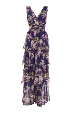 Navy Chiffon Floral Tiered Maxi Dress
