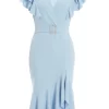 Light Blue Buckle Frill Midi Dress