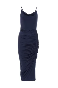 Navy Ruched Bodycon Midi Dress