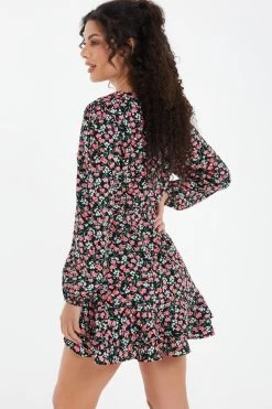 Black Ditsy Floral Wrap Mini Dress -Women Clothing Sale 00100036991 XB