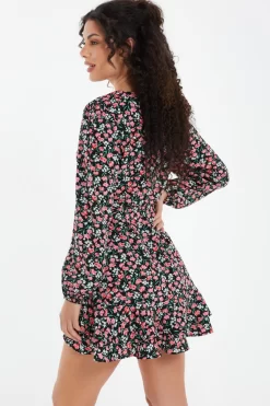 Black Ditsy Floral Wrap Mini Dress -Women Clothing Sale 00100036991 XB scaled