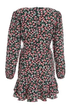 Black Ditsy Floral Wrap Mini Dress -Women Clothing Sale 00100036991 ZB