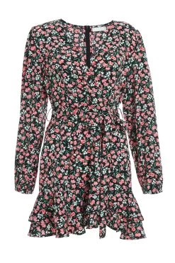 Black Ditsy Floral Wrap Mini Dress