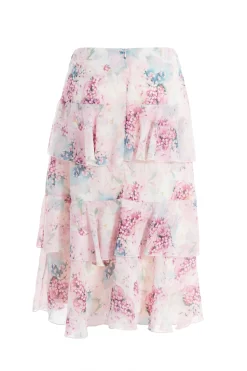 Light Pink Chiffon Floral Tiered Midi Skirt
