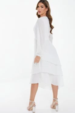 White Chiffon Crinkle Wrap Midi Dress -Women Clothing Sale 00100037029 XB