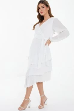 White Chiffon Crinkle Wrap Midi Dress -Women Clothing Sale 00100037029 XS