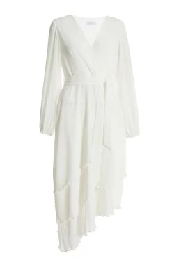 White Chiffon Crinkle Wrap Midi Dress