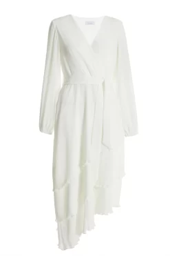 White Chiffon Crinkle Wrap Midi Dress