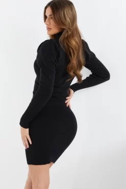 Black Knitted Puff Sleeve Dress -Women Clothing Sale 00100037033 XB scaled