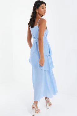 Blue Chiffon Frill Midiaxi Dress -Women Clothing Sale 00100037042 XB