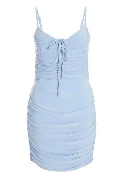 Blue Tie Front Ruched Bodycon Mini Dress