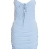Blue Tie Front Ruched Bodycon Mini Dress