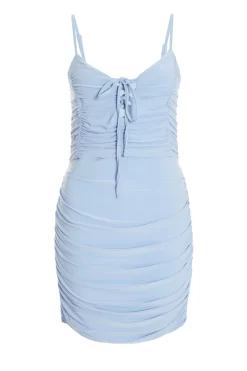 Blue Tie Front Ruched Bodycon Mini Dress