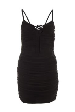 Black Tie Front Ruched Bodycon Mini Dress