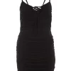 Black Tie Front Ruched Bodycon Mini Dress
