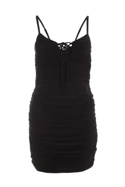 Black Tie Front Ruched Bodycon Mini Dress