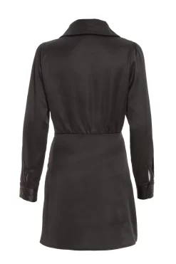 Black Satin Button Mini Shirt Dress -Women Clothing Sale 00100037097 ZB scaled