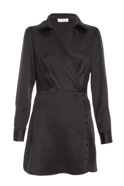 Black Satin Button Mini Shirt Dress
