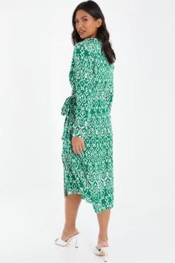 Green Satin Aztec Wrap Midi Dress -Women Clothing Sale 00100037099 XB scaled