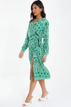 Green Satin Aztec Wrap Midi Dress -Women Clothing Sale 00100037099 XS