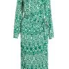 Green Satin Aztec Wrap Midi Dress