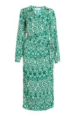 Green Satin Aztec Wrap Midi Dress