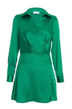 Green Satin Button Mini Shirt Dress
