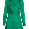 Green Satin Button Mini Shirt Dress