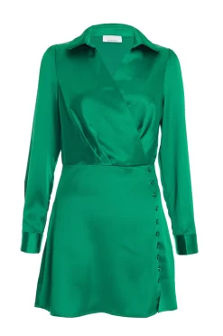Green Satin Button Mini Shirt Dress