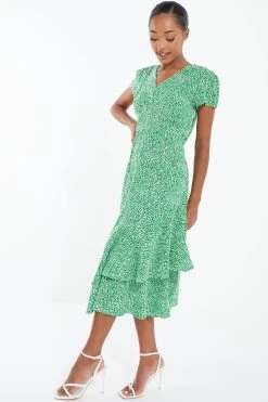 Green Polka Dot Frill Midi Dress -Women Clothing Sale 00100037101 XS