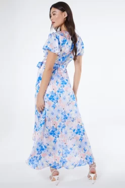 Blue Satin Floral Wrap Midaxi Dress -Women Clothing Sale 00100037132 XB scaled