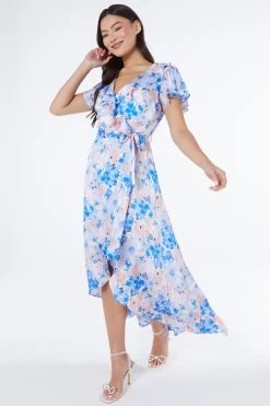 Blue Satin Floral Wrap Midaxi Dress -Women Clothing Sale 00100037132 XS