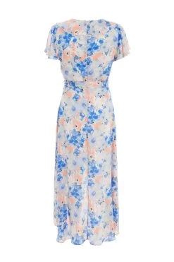 Blue Satin Floral Wrap Midaxi Dress -Women Clothing Sale 00100037132 ZB