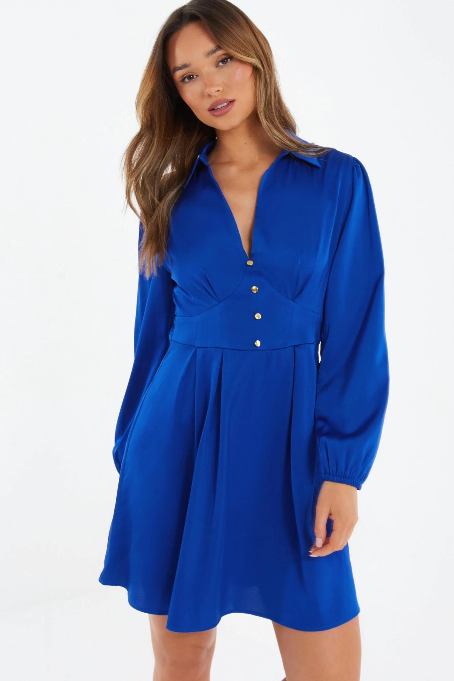 Royal Blue Satin Button Shirt Mini Dress 2 Royal Blue Satin Button Shirt Mini Dress - Image 2