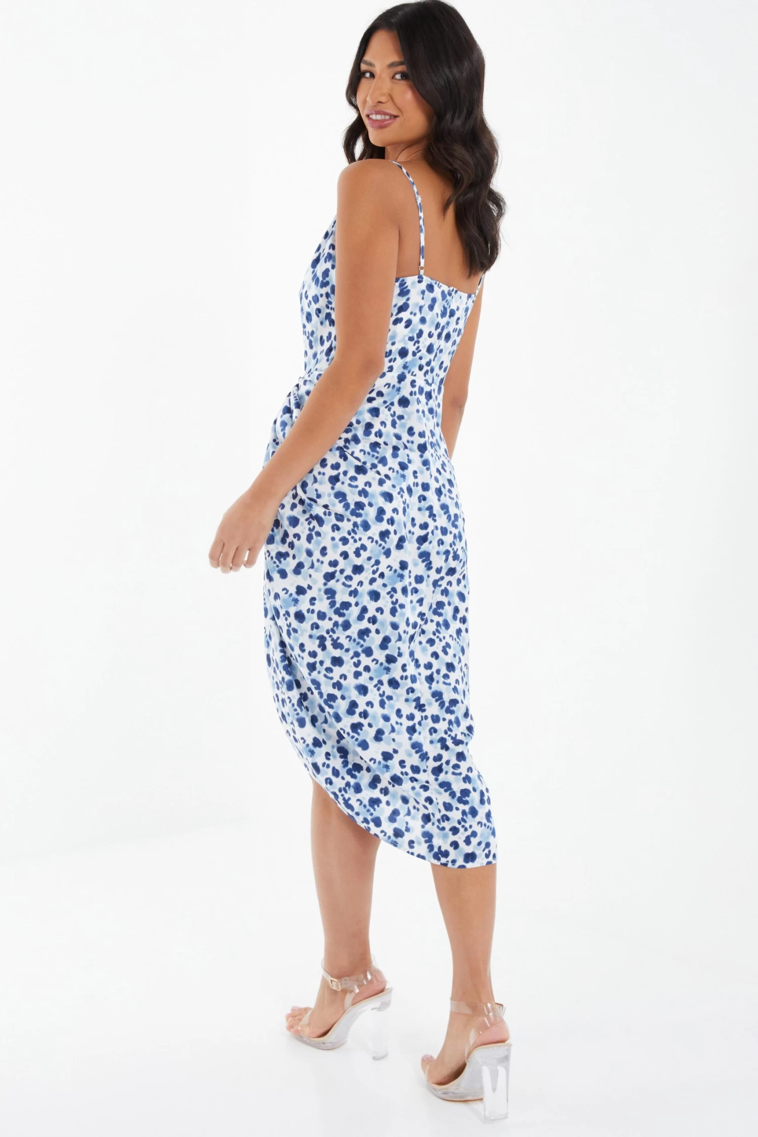 Blue Satin Animal Print Ruched Midi Dress 3 Blue Satin Animal Print Ruched Midi Dress - Image 3