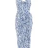 Blue Satin Animal Print Ruched Midi Dress