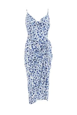 Blue Satin Animal Print Ruched Midi Dress