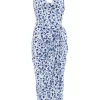 Blue Satin Animal Print Ruched Midi Dress