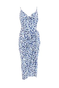 Blue Satin Animal Print Ruched Midi Dress