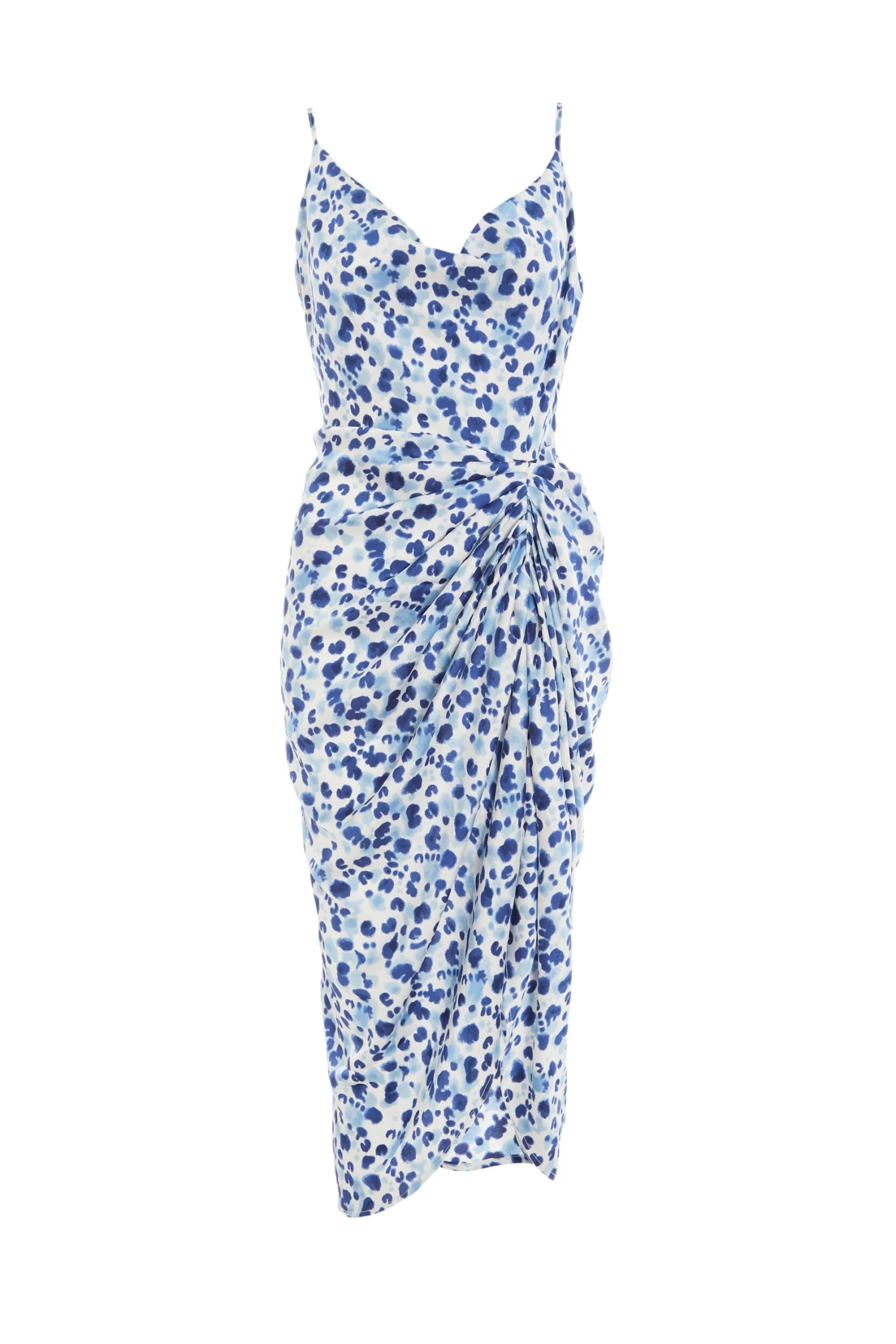 Blue Satin Animal Print Ruched Midi Dress 1 Blue Satin Animal Print Ruched Midi Dress