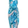 Blue Satin Marble Print Ruched Midi Dress
