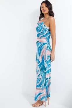 Blue Satin Marble Print Midaxi Dress -Women Clothing Sale 00100037175 XS
