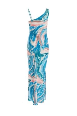 Blue Satin Marble Print Midaxi Dress -Women Clothing Sale 00100037175 ZB