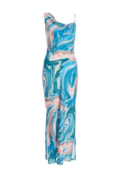 Blue Satin Marble Print Midaxi Dress
