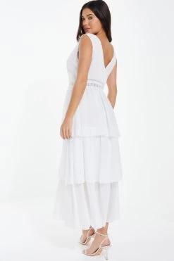 White Chiffon Lace Tiered Midi Dress -Women Clothing Sale 00100037177 XB